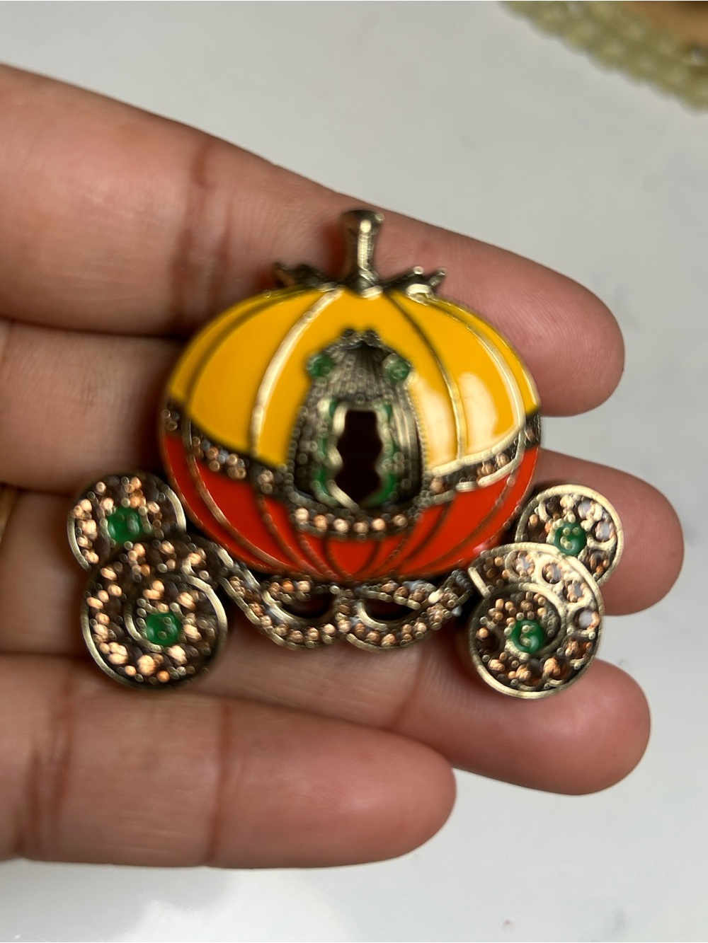 Enamel Pumpkin Carriage Brooch - Yellow & Orange